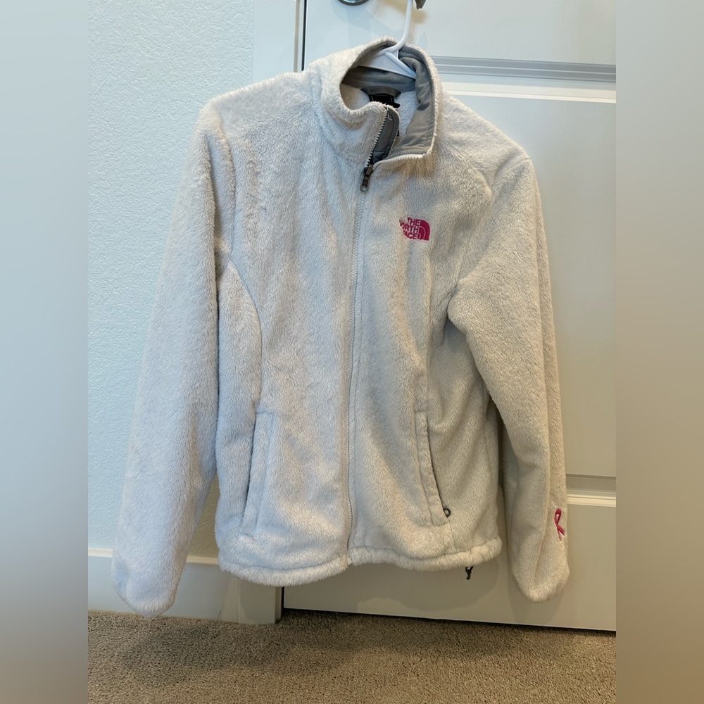 The North Face white fuzzy jacket